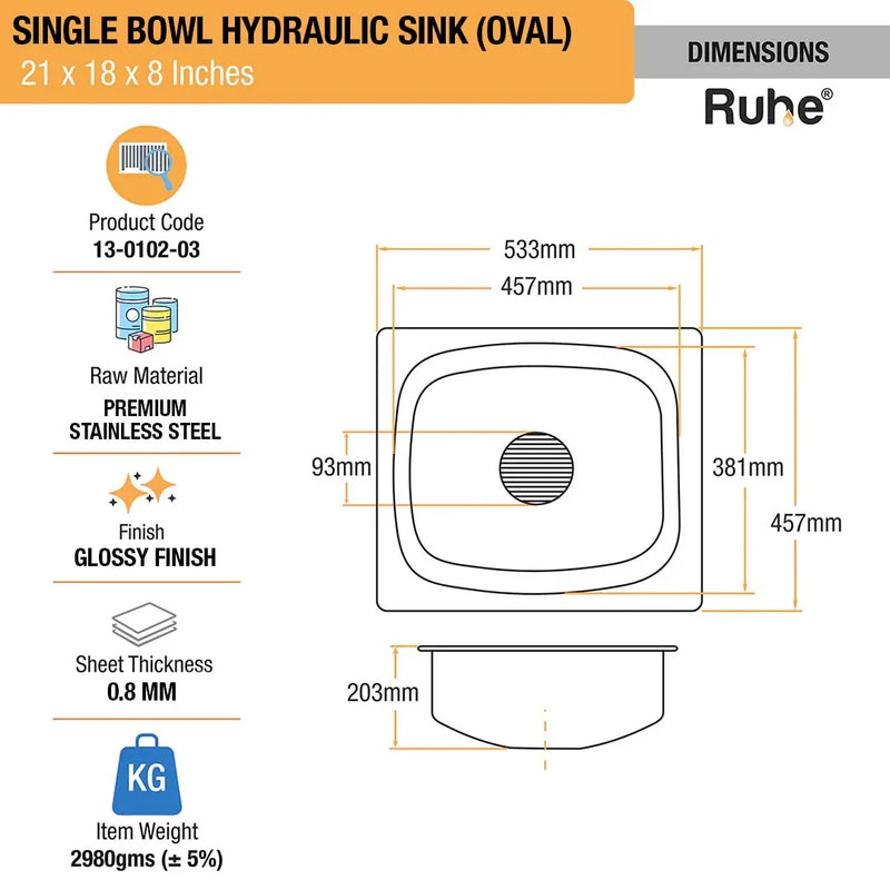 Oval Single Bowl Kitchen Sink (21 x 18 x 8 Inches)