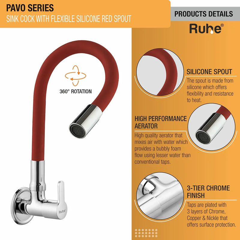 Pavo Brass Sink Tap with Silicone Red Flexible Spout product details like silicone spout, high quality aerator, 3 layer protection