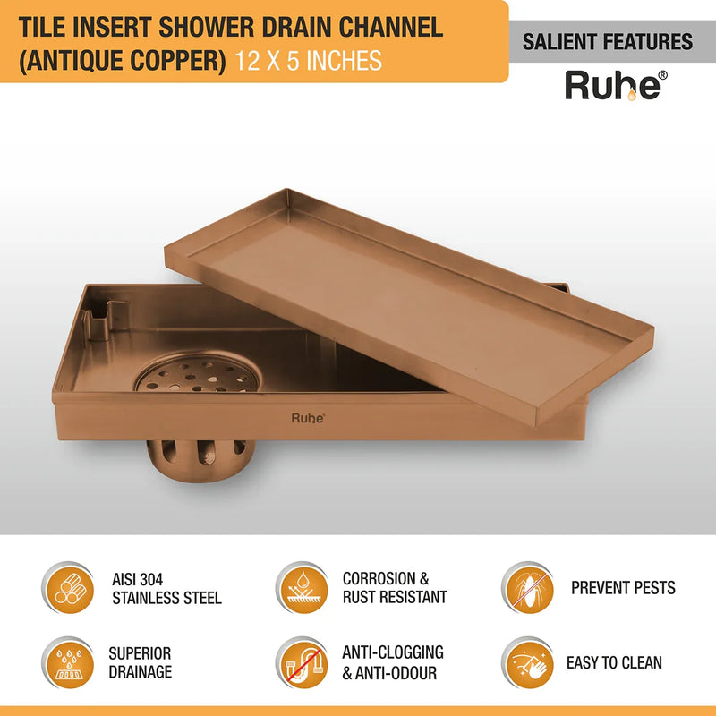 Tile Insert Shower Drain Channel (12 x 5 Inches) Antique Copper PVD Coated - by Ruhe