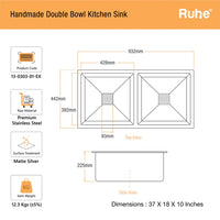 Handmade Stainless Steel Double Bowl Kitchen Sink (37 x 18 x 10 Inches) – Matt Steel