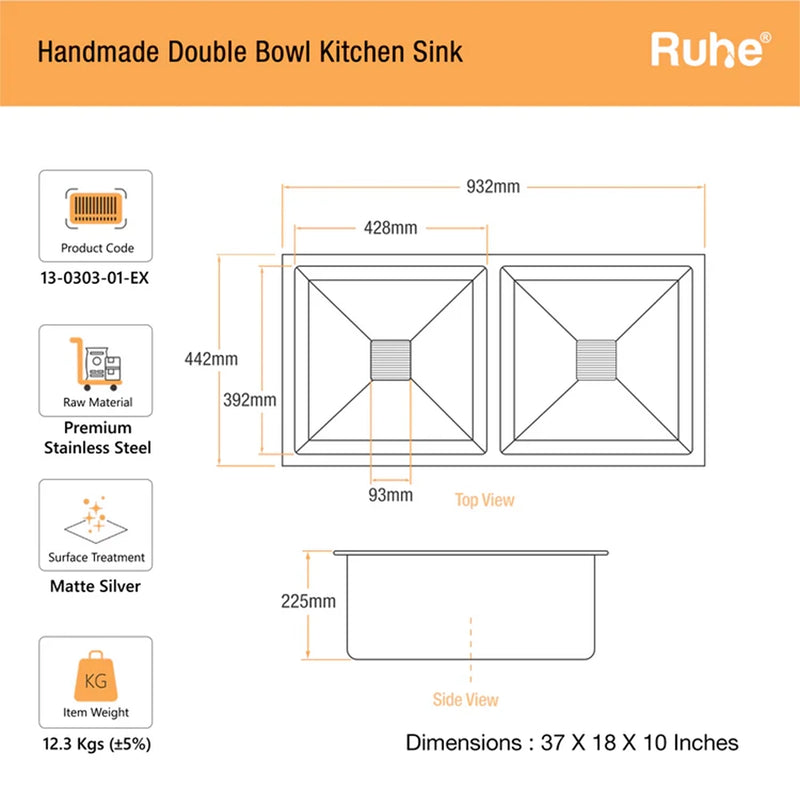 Handmade Double Bowl Kitchen Sink (37 x 18 x 10 Inches)