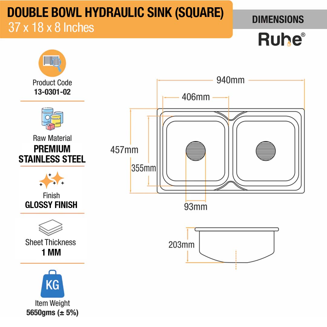 Square Double Bowl (37 x 18 x 8 inches) Kitchen Sink - by Ruhe