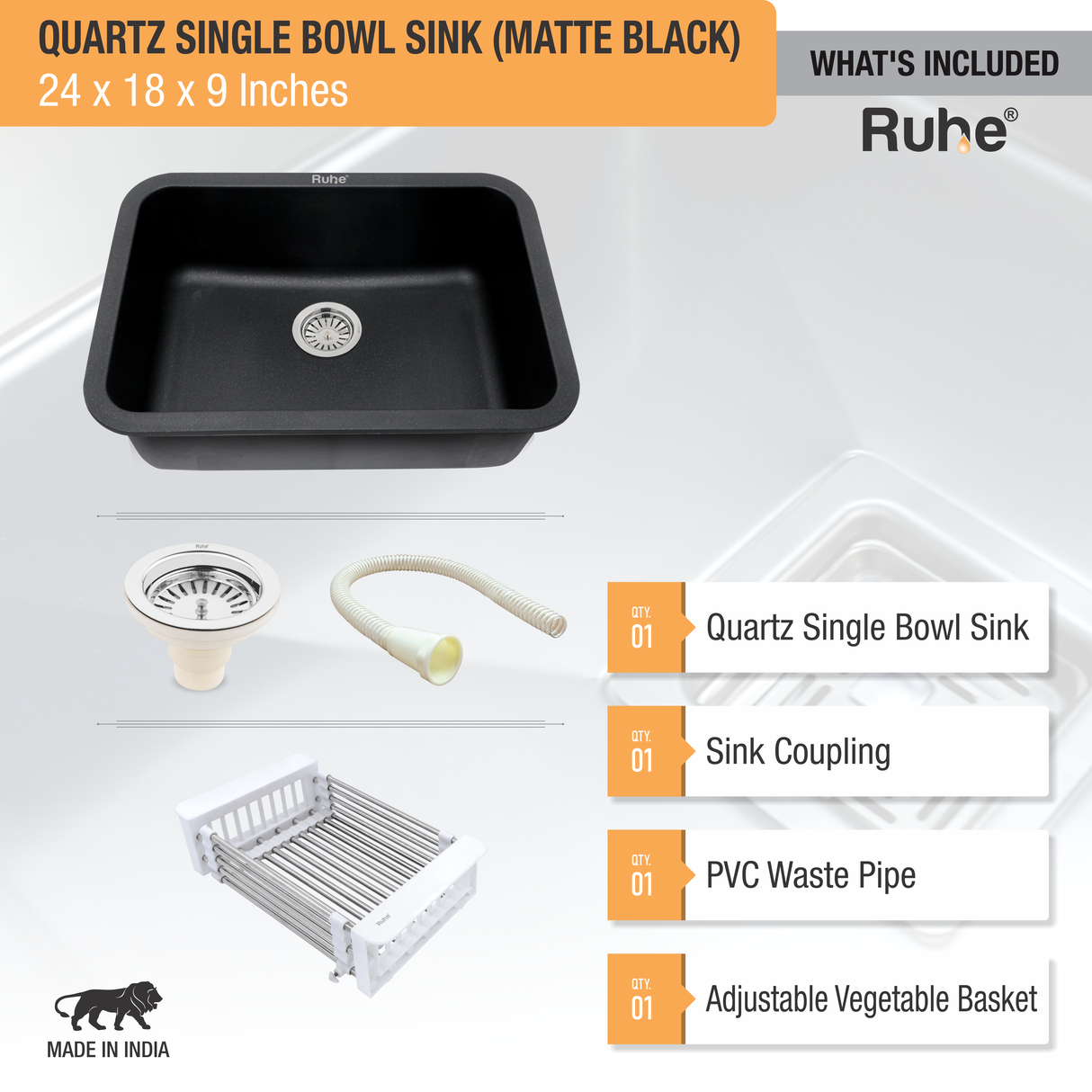 Matte Black Quartz Single Bowl Kitchen Sink  (24 x 18 x 9 inches) - by Ruhe