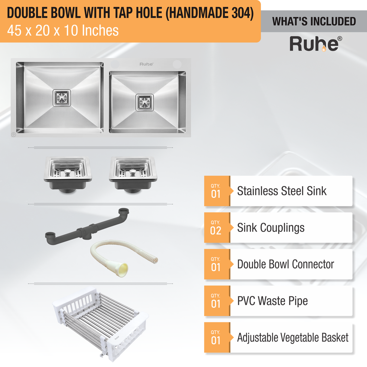 Handmade Double Bowl 304-Grade Kitchen Sink  with Tap Hole (45 x 20 x 10 Inches) - by Ruhe