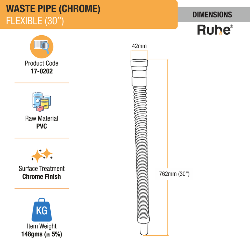 PVC Flexible Waste Pipe with Chrome Finish (30 Inches) - By Ruhe