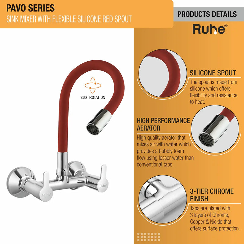 Pavo Wall Mount Kitchen Sink Mixer Tap with Coloured Flexible Silicone Spout