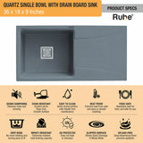 Quartz Single Bowl Smoke Grey Kitchen Sink with Drainboard (36 x 18 x 9 inches) features and benefits