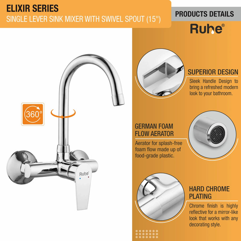 Elixir Single Lever Wall-mount Kitchen Sink Mixer Tap with Swivel Spout