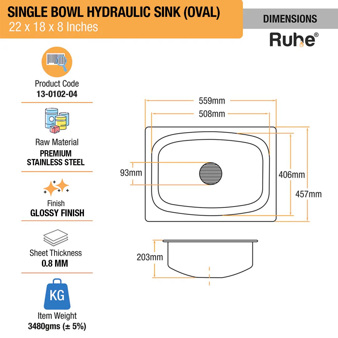 Oval Single Bowl (22 x 18 x 8 inches) Kitchen Sink - by Ruhe