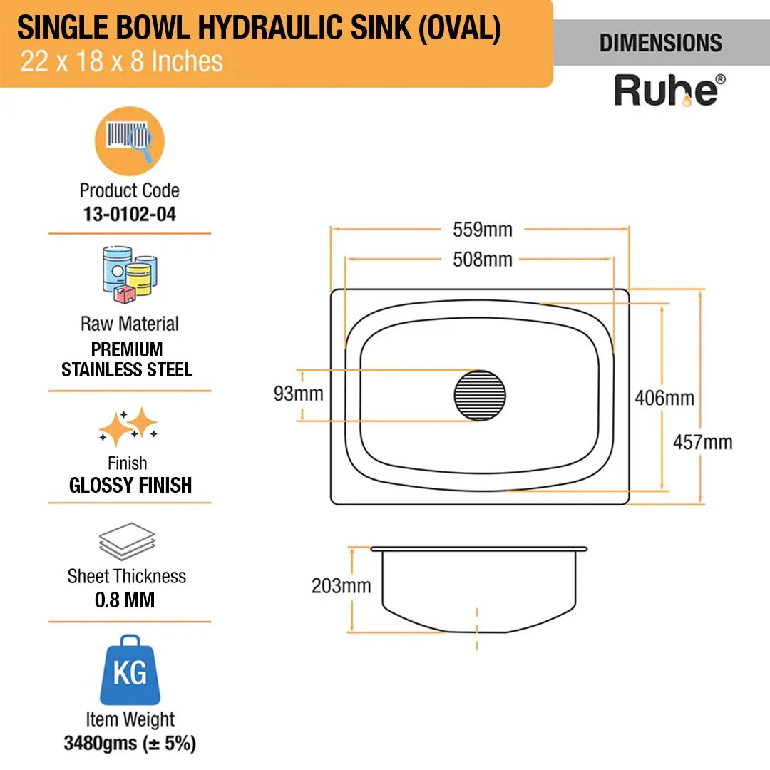 Oval Single Bowl Kitchen Sink (22 x 18 x 8 Inches)