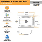 Oval Single Bowl Kitchen Sink (22 x 18 x 8 Inches)