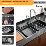 Nano Black 304-Grade Kitchen Sink with Integrated Waterfall, Pull-Out & RO Faucet (30 x 18 x 9 Inches) - by Ruhe