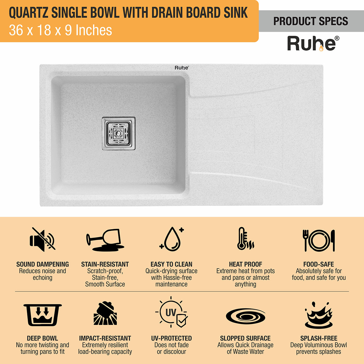 Quartz Single Bowl Crystal White Kitchen Sink with Drainboard (36 x 18 x 9 inches) features and benefits