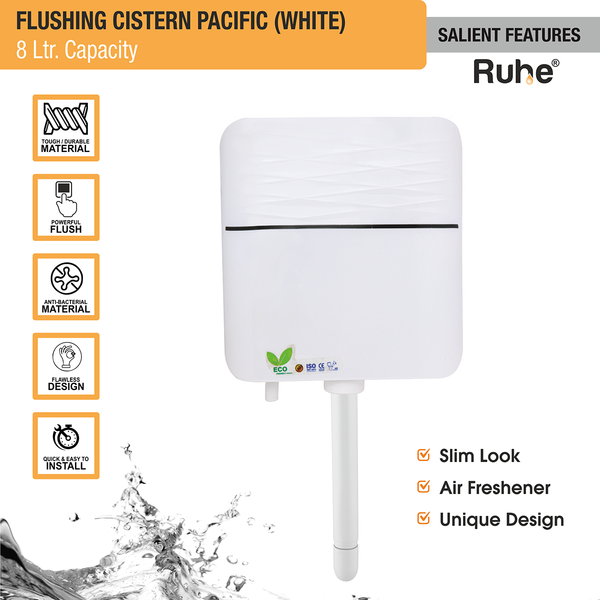 Pacific Flushing Cistern 8 Ltr (White) features and benefits