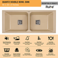 Quartz Double Bowl Kitchen Sink Coloured (45 x 20 x 9 inches)