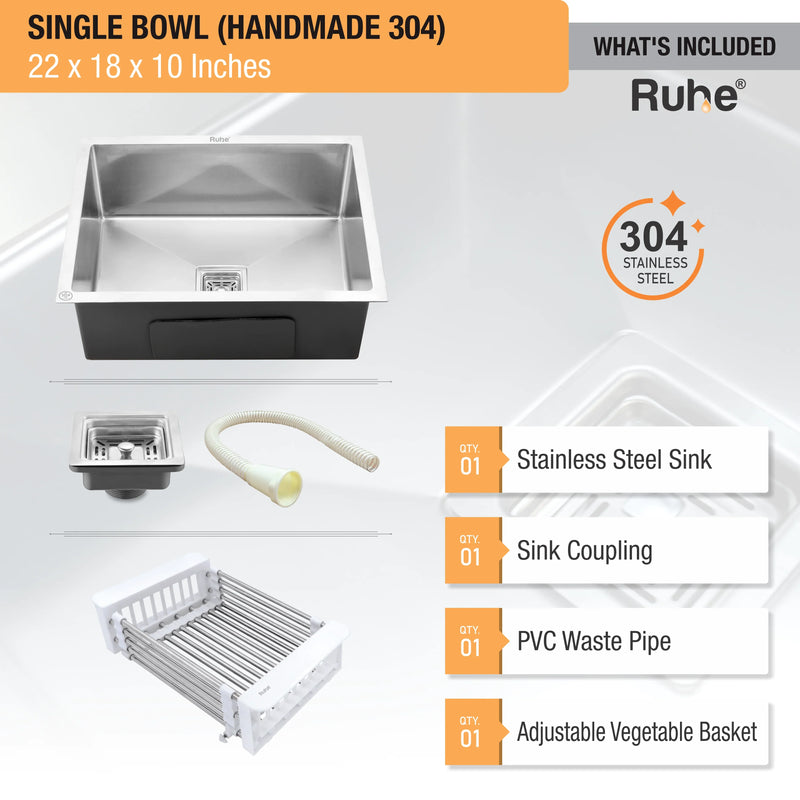 Handmade Single Bowl Kitchen Sink (22 x 18 x 10 Inches)