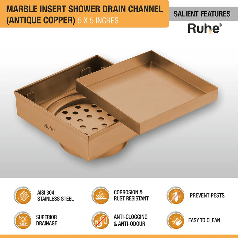 Marble-Insert Shower Drain Channel (5 x 5 Inches)