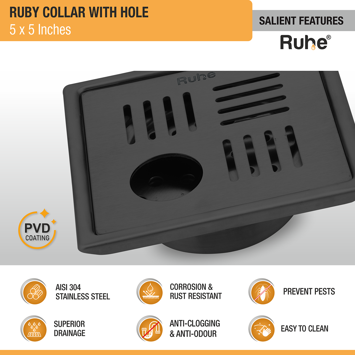 Ruby Square 304-Grade Floor Drain in Black PVD Coating (5 x 5 Inches) with Hole - by Ruhe