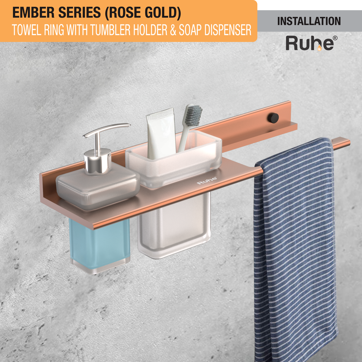 Ember Rose Gold Towel Ring with Tumbler Holder & Soap Dispenser (Space Aluminium) installation