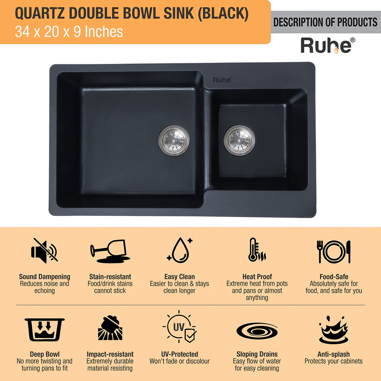 Quartz Double Bowl Kitchen Sink - Matte Black (34 x 20 x 9 inches) - by Ruhe