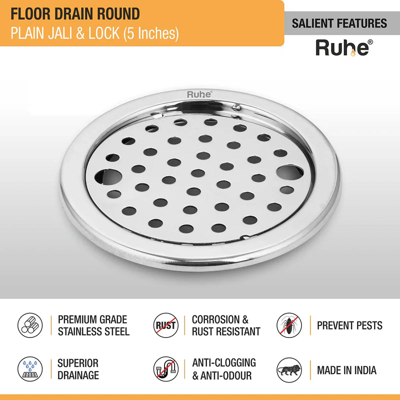 Plain Round Jali Floor Drain with Lock (5 Inches)