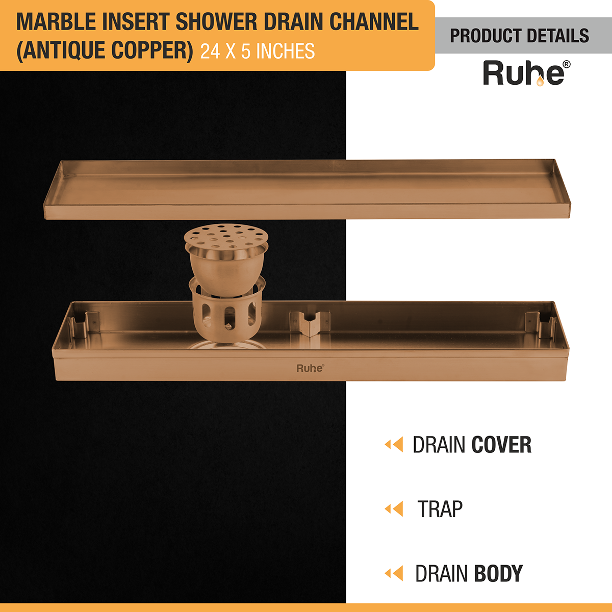 Marble Insert Shower Drain Channel (24 x 5 Inches) ROSE GOLD PVD Coated with drain cover, trap, and drain body