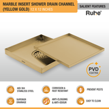 Marble Insert Shower Drain Channel (12 x 12 Inches) YELLOW GOLD PVD Coated features and benefits