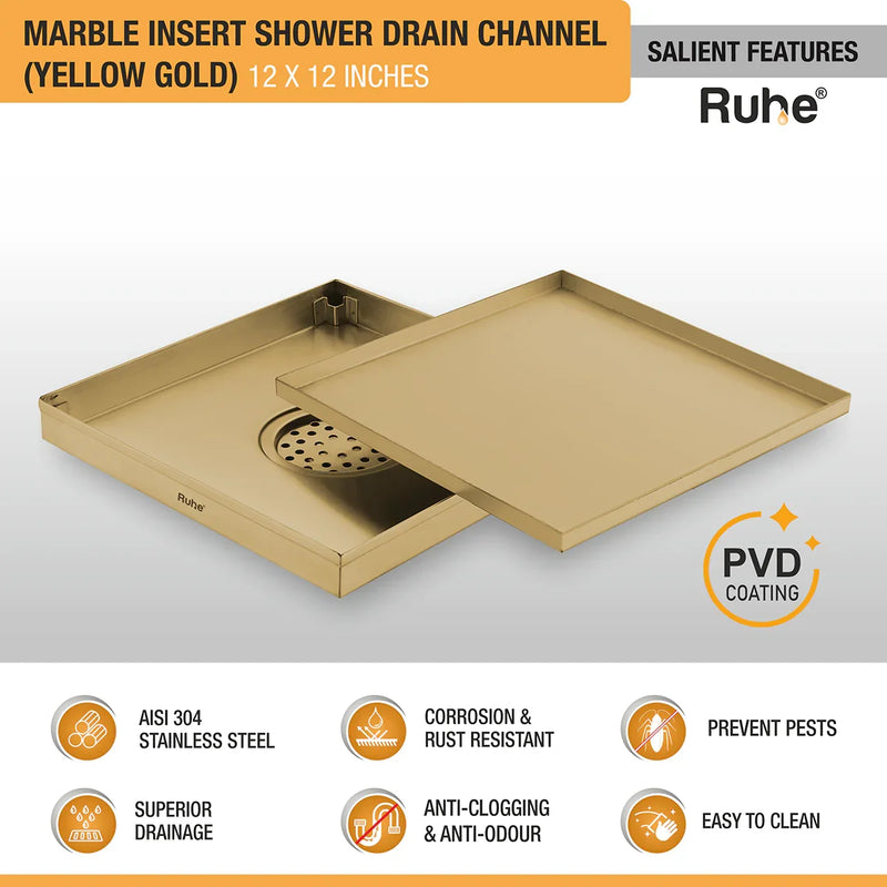 Marble Insert Shower Drain Channel (12 x 12 Inches) YELLOW GOLD PVD Coated - by Ruhe