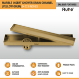 Marble Insert Shower Drain Channel (24 x 3 Inches) YELLOW GOLD PVD Coated features and benefits