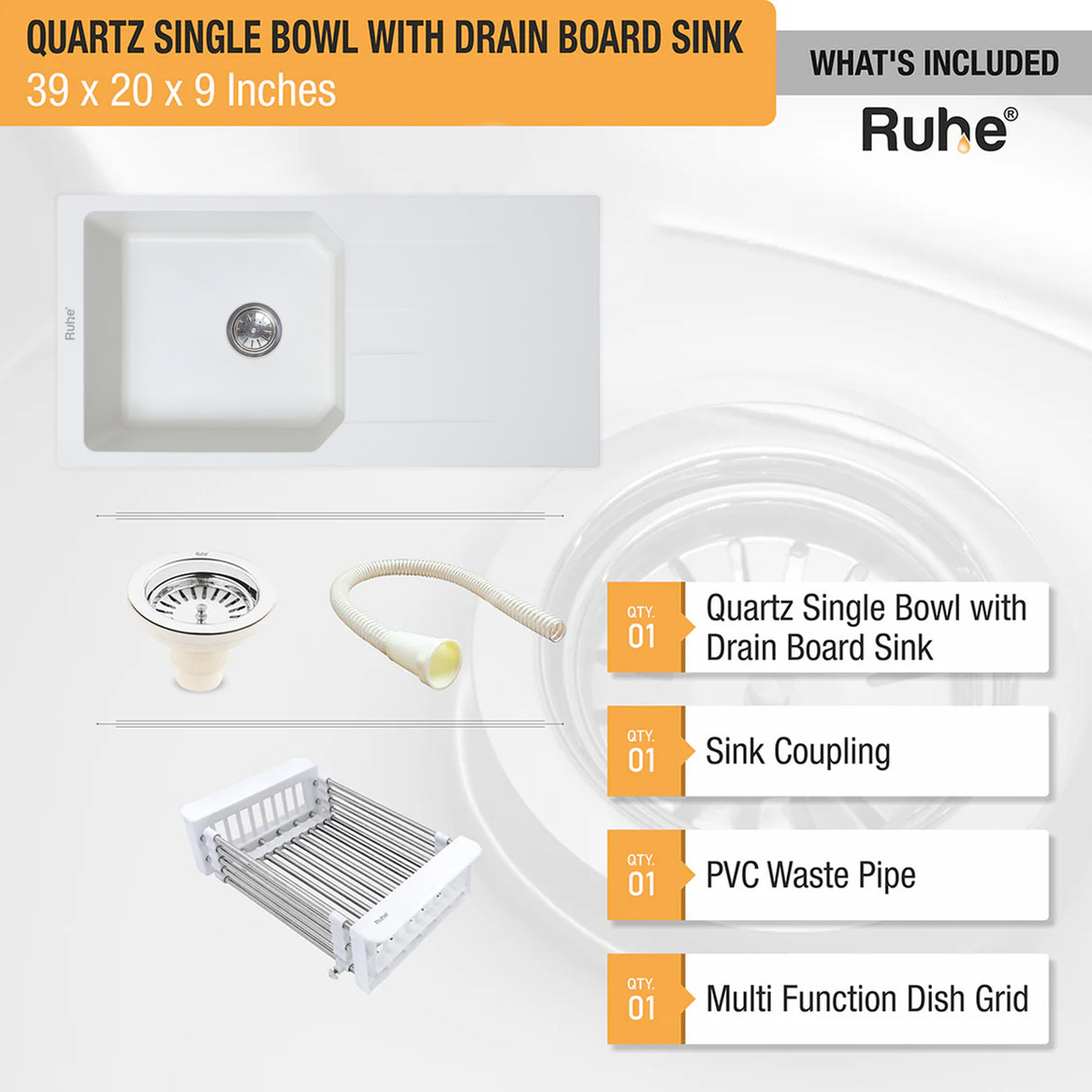 Quartz Single Bowl with Drainboard Kitchen Sink - Crystal White (39 x 20 x 9 inches) - by Ruhe®