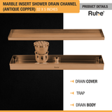 Marble Insert Shower Drain Channel (32 x 5 Inches) ROSE GOLD PVD Coated with drain cover, trap, and drain body