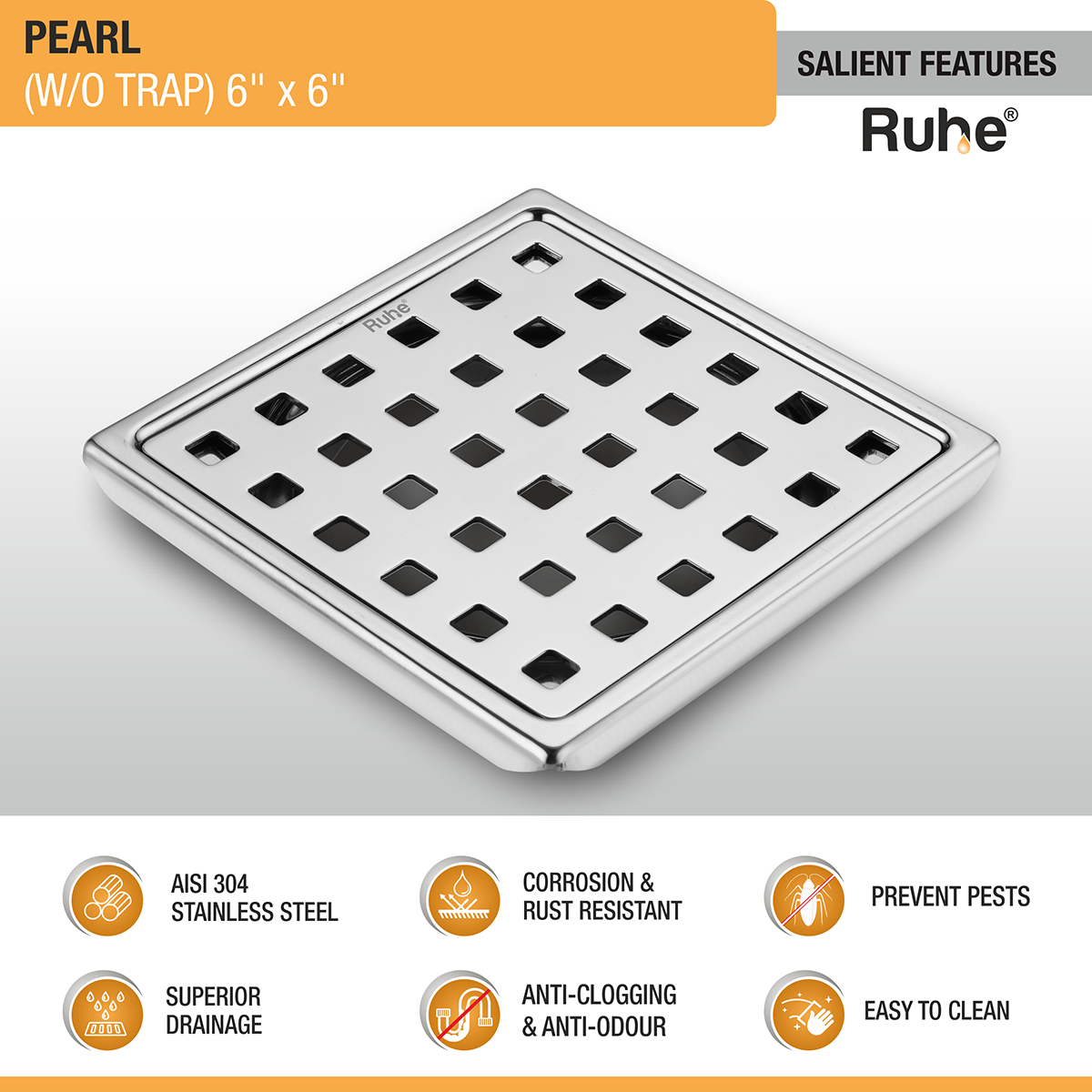 Pearl Square 304-Grade Floor Drain (6 x 6 Inches) - by Ruhe