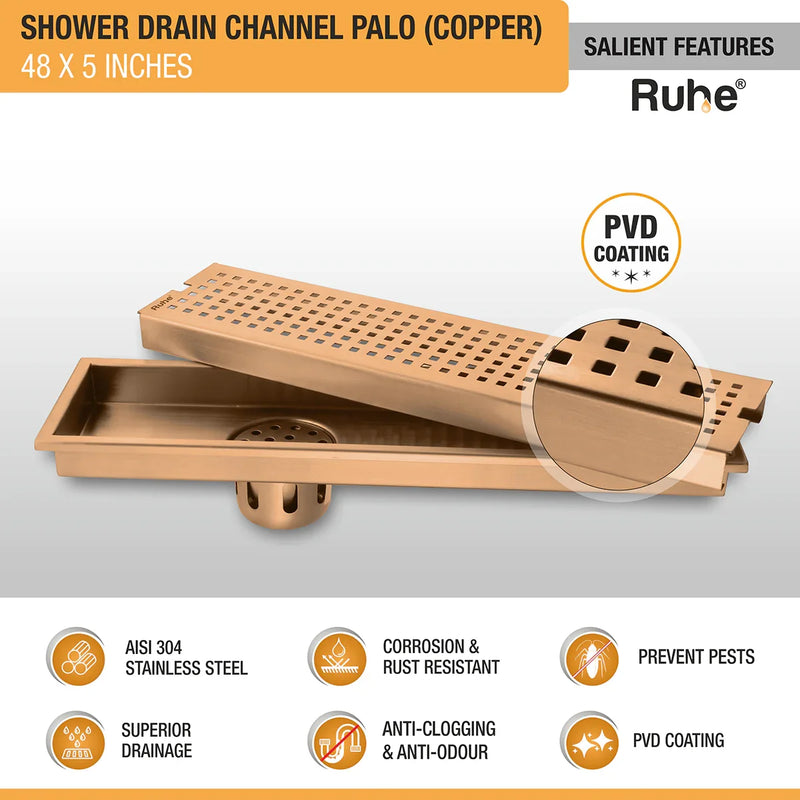 Palo Shower Drain Channel (48 x 5 Inches) Antique Copper PVD Coated - by Ruhe