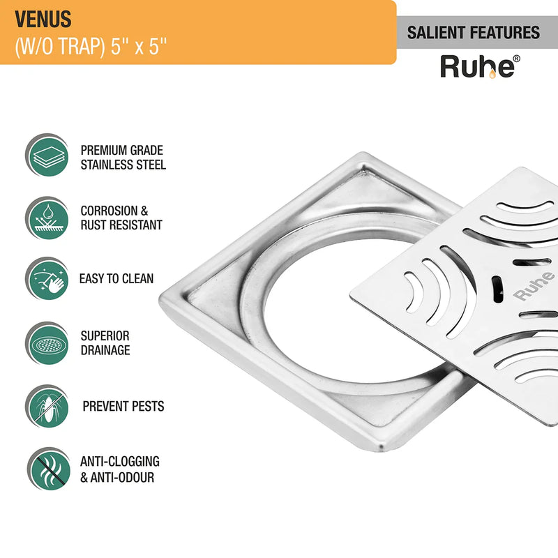 Venus Square Premium Floor Drain (5 x 5 Inches) - by Ruhe