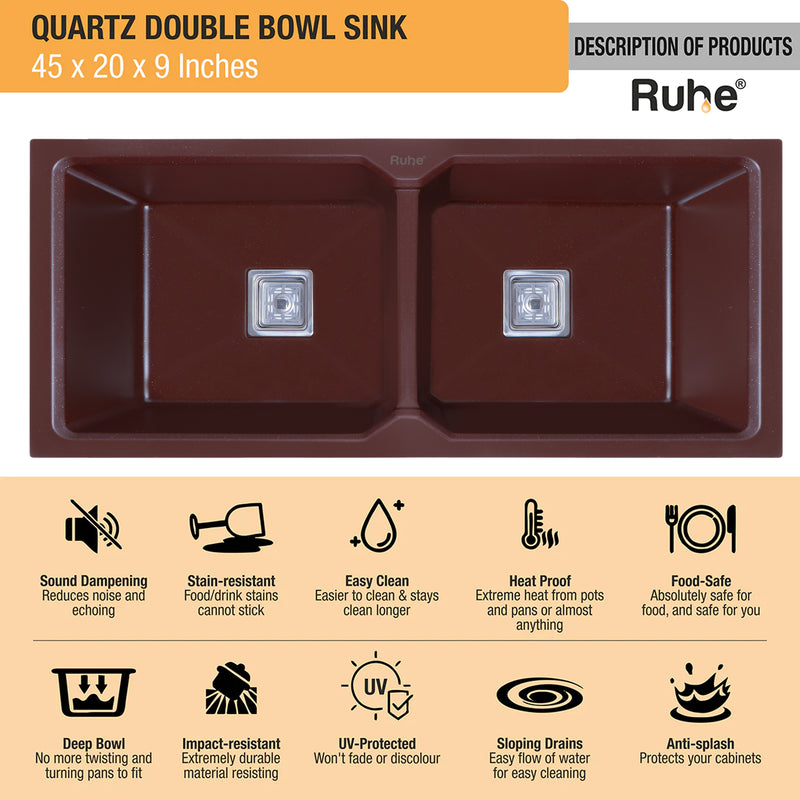 Quartz Double Bowl Kitchen Sink Coloured (45 x 20 x 9 inches)