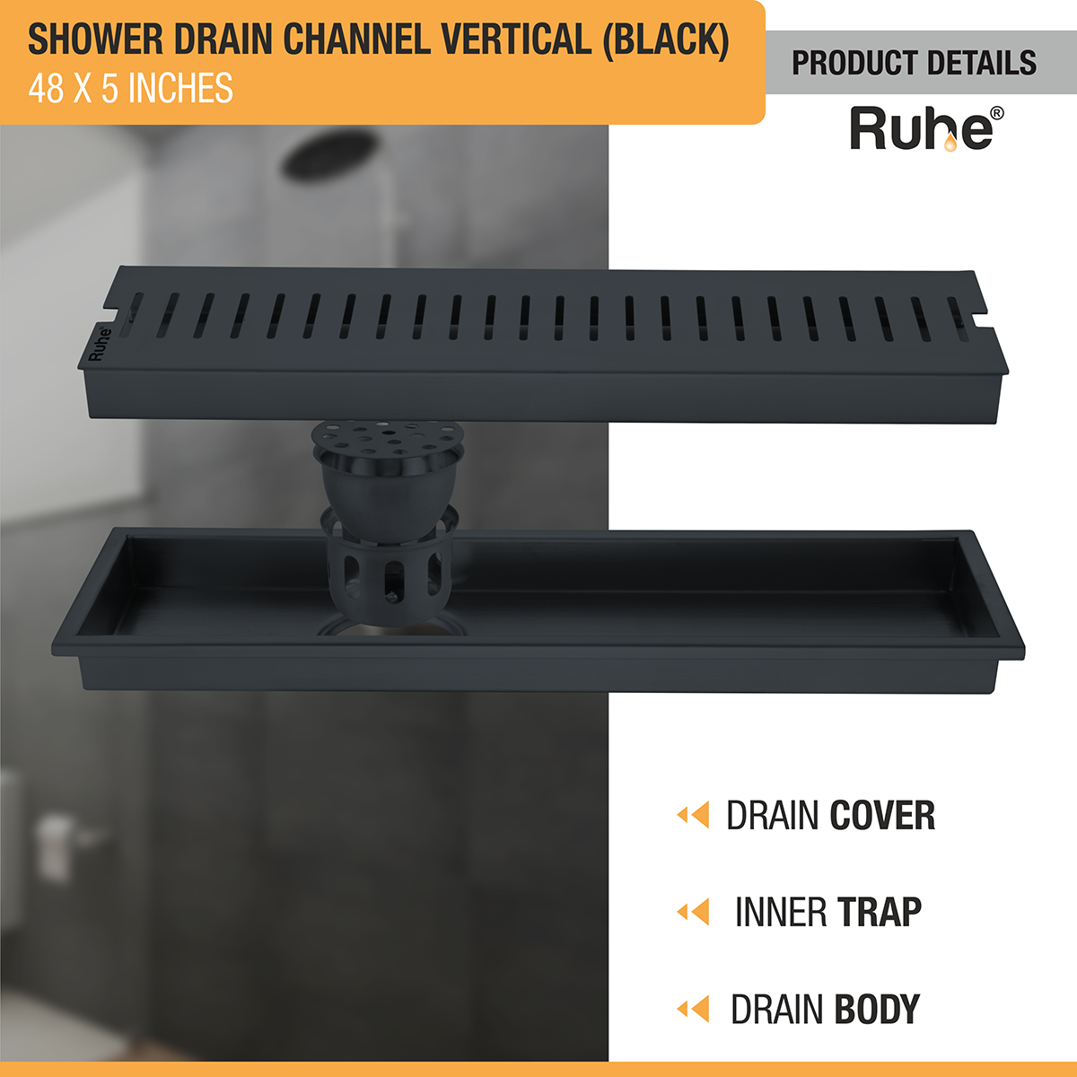 Vertical Shower Drain Channel (48 x 5 Inches) Black PVD Coated - by Ruhe®