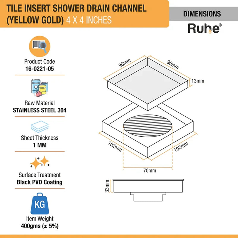 Tile-Insert Shower Drain Channel Coloured (4 x 4 Inches)