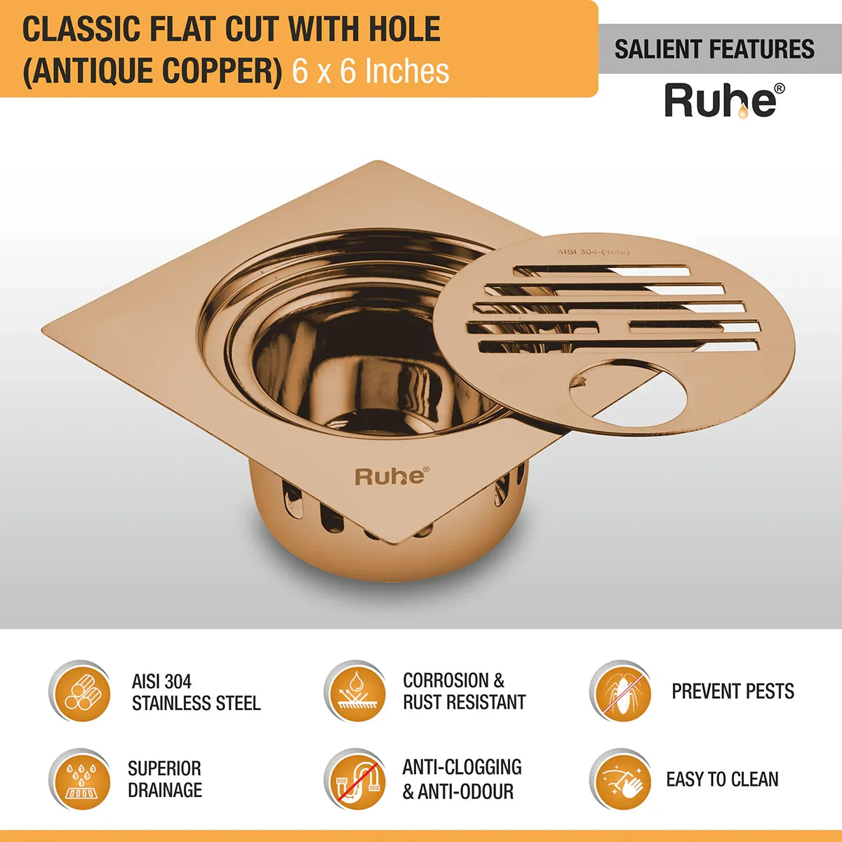 Classic Square Flat Cut Floor Drain in Antique Copper PVD Coating (6 x 6 Inches) with Hole - by Ruhe