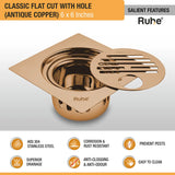 Classic Square Flat Cut Floor Drain in Antique Copper PVD Coating (6 x 6 Inches) with Hole features and benefits
