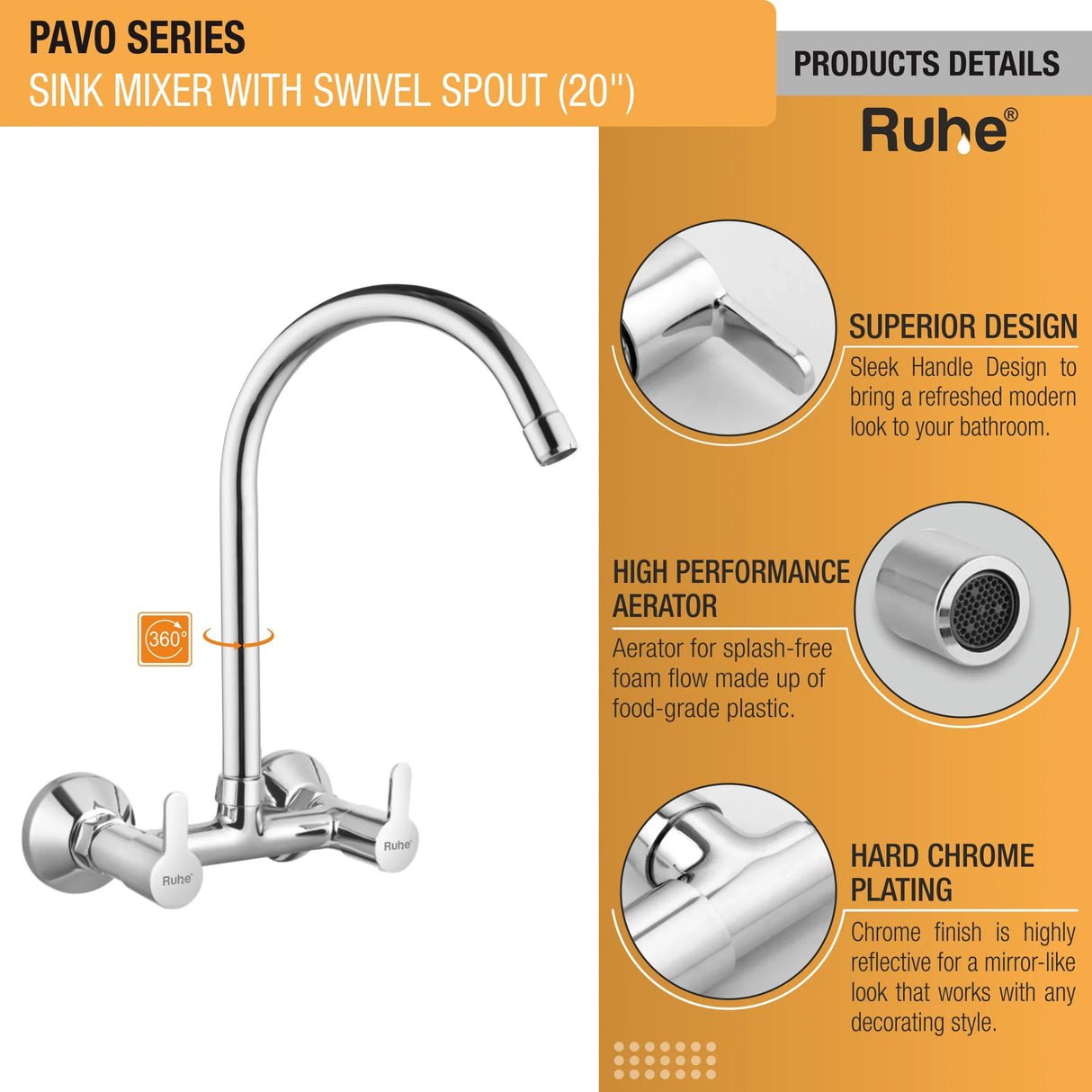 Pavo Wall Mount Kitchen Sink Mixer Tap with Swivel Spout