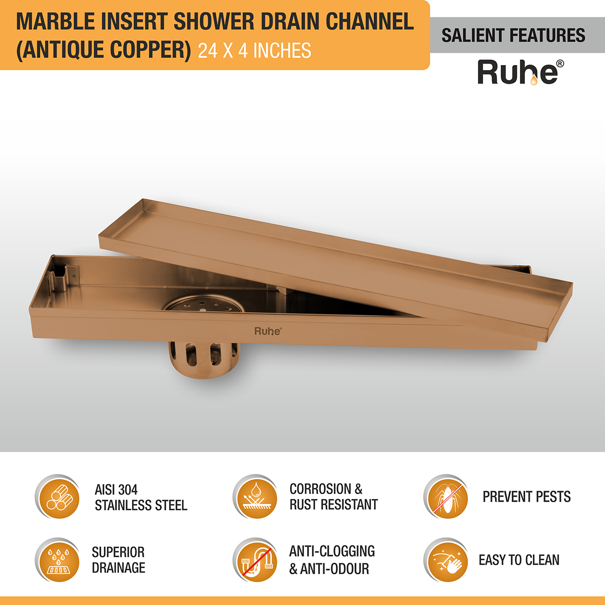 Marble Insert Shower Drain Channel (24 x 4 Inches) ROSE GOLD PVD Coated - by Ruhe®