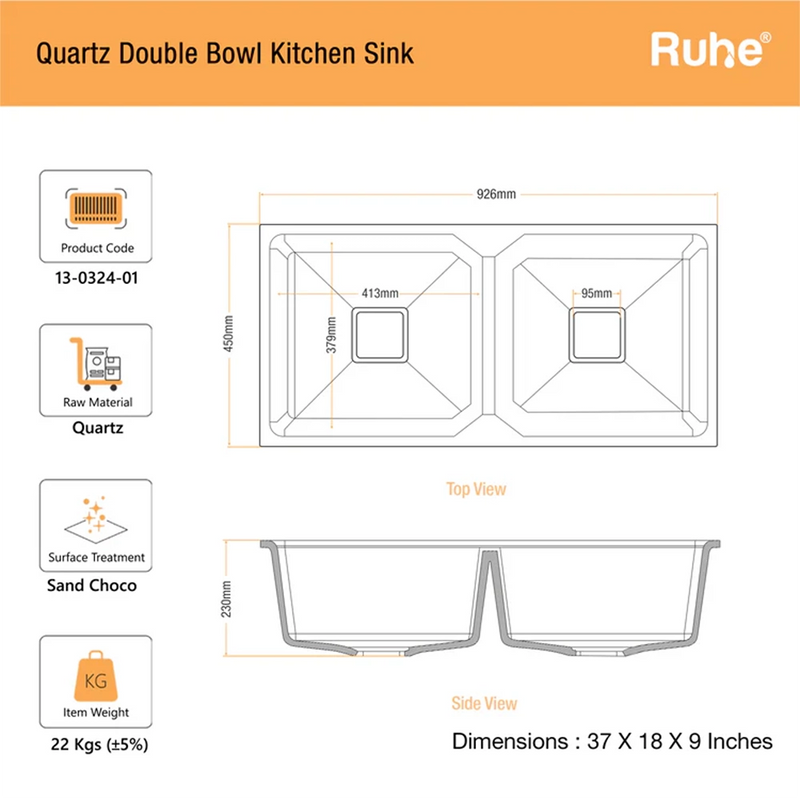 Quartz Double Bowl Kitchen Sink Coloured (37 x 18 x 9 Inches)