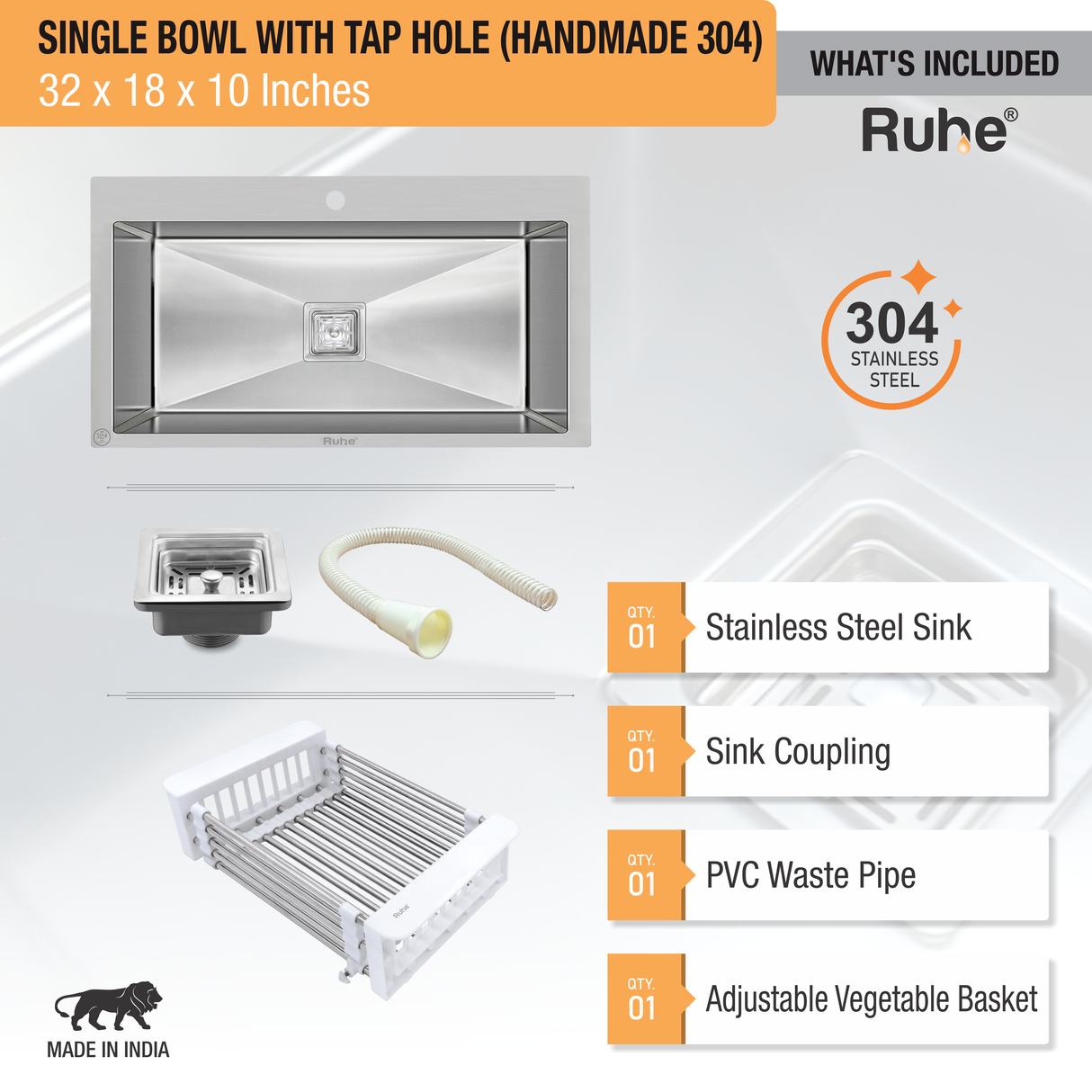 Handmade Single Bowl 304-Grade Kitchen Sink  with Tap Hole (32 x 18 x 10 Inches) - by Ruhe