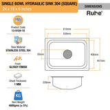 Square Single Bowl 304-Grade Kitchen Sink (24 x 18 x 9 inches)– by Ruhe