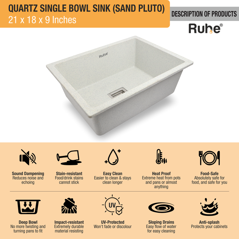 Quartz Single Bowl Kitchen Sink (21 x 18 x 9 Inches)