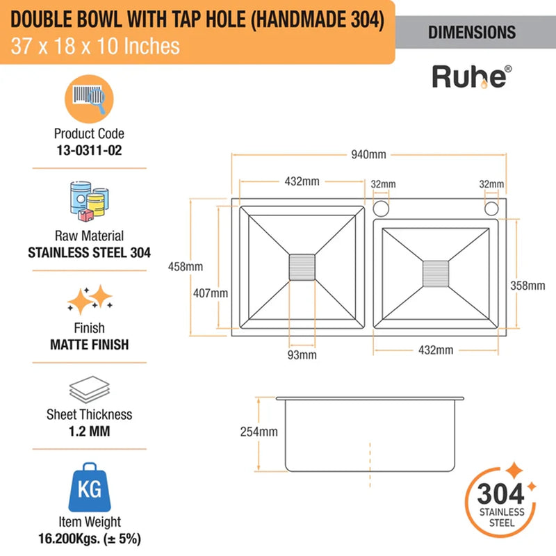 Handmade Double Bowl with Tap Hole Kitchen Sink (37 x 18 x 10 Inches)