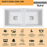 Quartz Double Bowl Kitchen Sink - Crystal White (45 x 20 x 9 inches) - by Ruhe®