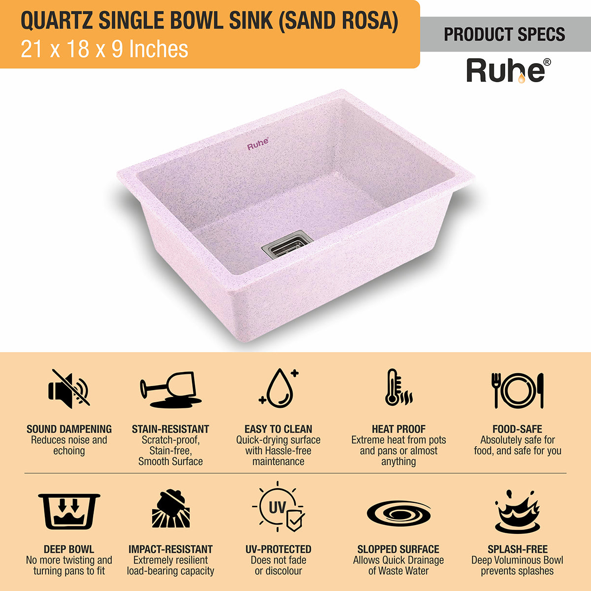 Quartz Sand Rosa Single Bowl Kitchen Sink (21 x 18 x 9 inches) features and benefits