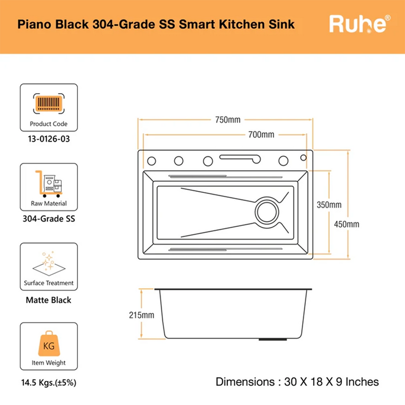 Piano Smart Kitchen Sink (30 x 18 x 9 Inches)
