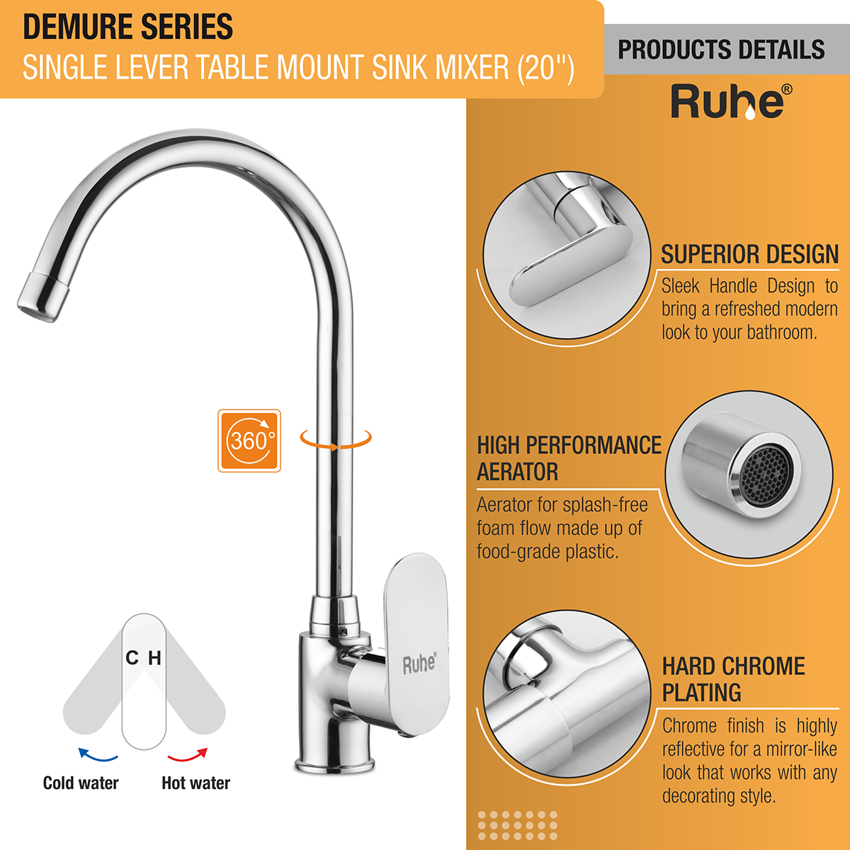 Demure Single Lever Table Mount Sink Mixer Brass Faucet with Large (20 inches) Round Swivel Spout - by Ruhe®